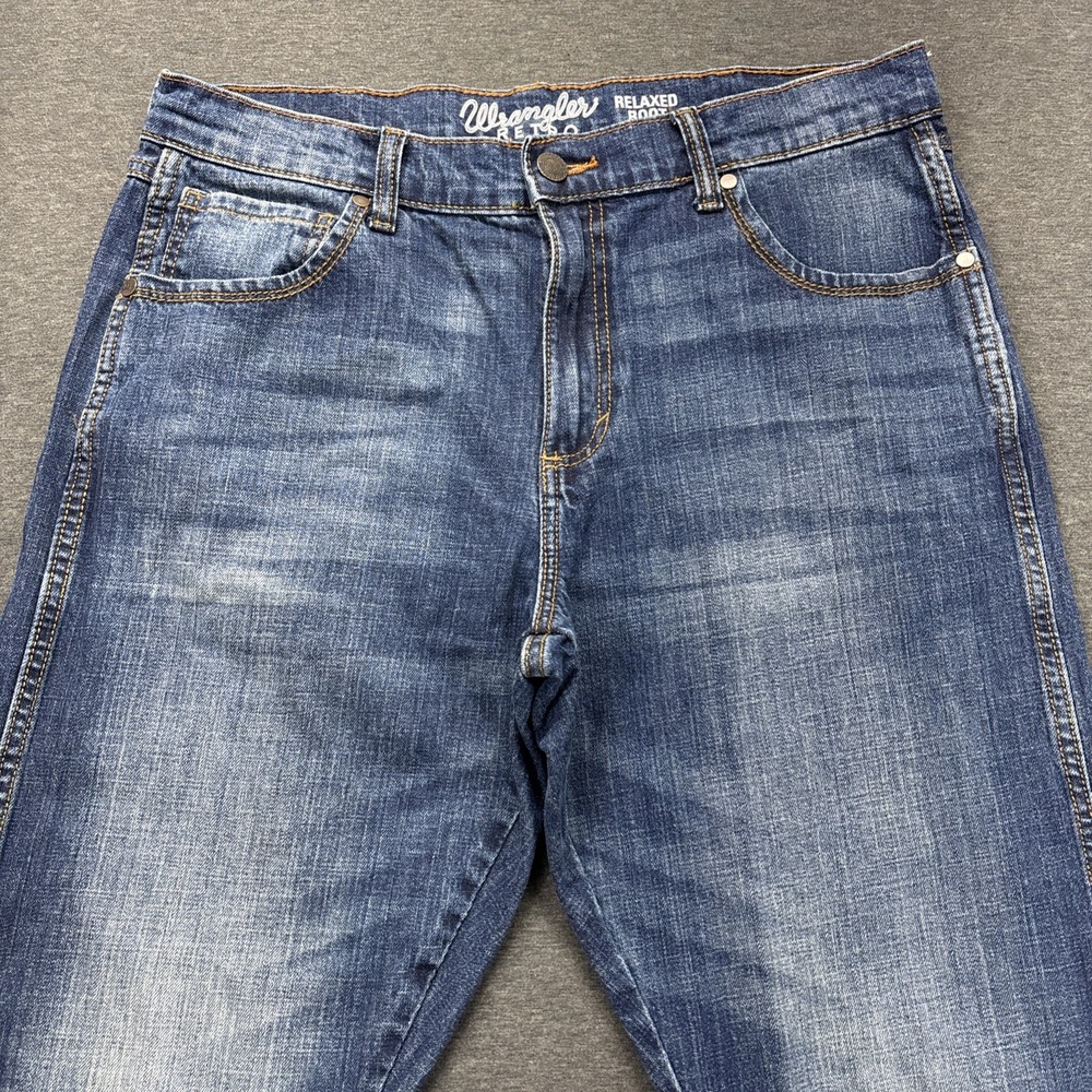 Wrangler Retro Relaxed Boot Jeans Mens 34x33 Cowboy Western Faded Whiskered Blue - Picture 2 of 9